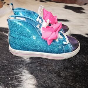 Glittery Blue Kids Sneakers with Pink Bow